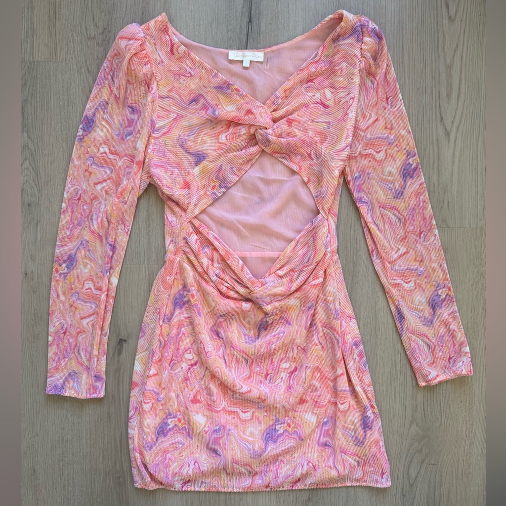EUC Love Shack Fancy Pink Purple Marble Swirl Long sleeve Cut-Out Dress Size 8